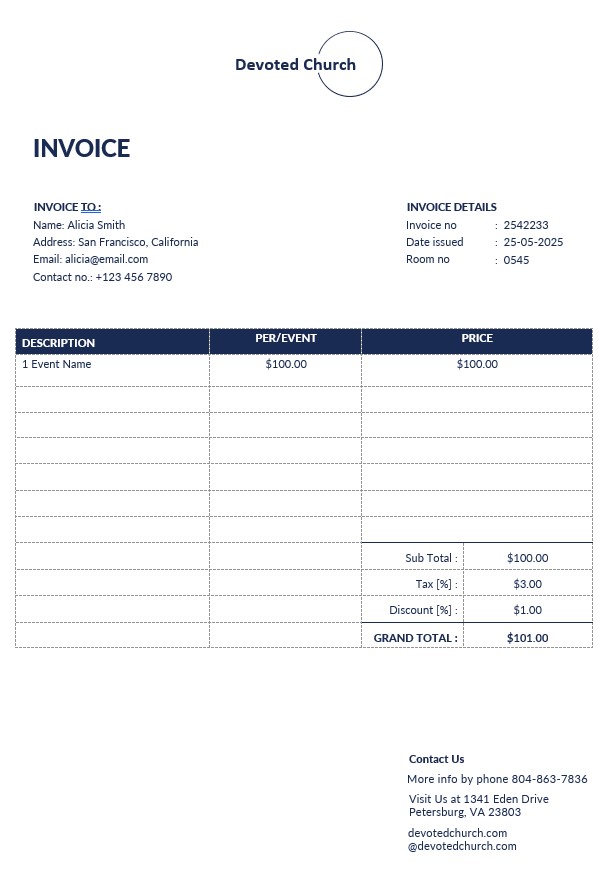 Church Service Invoice Template PSD template